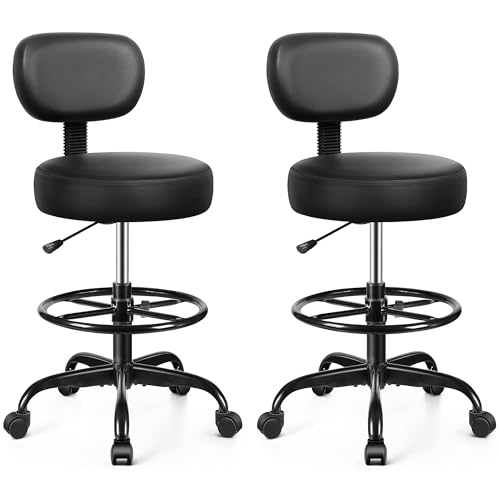 Image of Brick Attic Drafting Chair with Backrest - Adjustable Foot Rest Rolling Stool with Wheels, PU Leather Swivel Stool for Office Spa Studio Lab Counter Salon Home Work Bar Kitchen Shop(Black), Pack of 2