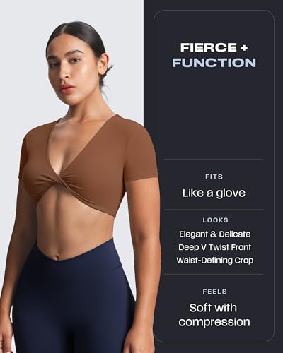 Image of Aoxjox Short Sleeve Crop Tops for Women Sienna Twist Deep V Workout Cropped T Shirt Top