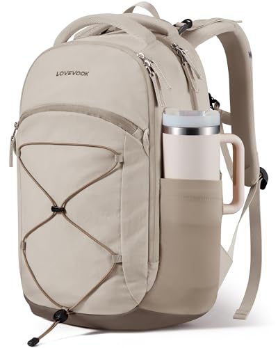 LOVEVOOK Everyday Laptop Backpack for Women Men With Tumbler Holder 15.6inch Classic Travel Work College Teacher Carryon Backpack Purse Waterproof Computer laptop Bag Hiking Backpack Light khaki-Brown
