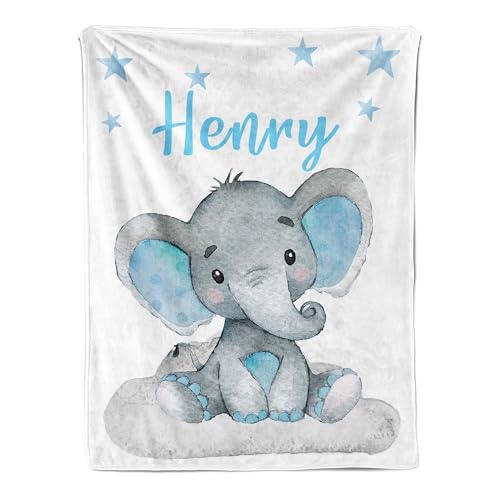 Personalized Baby Blanket for Boys Girls, Custom Elephant Baby Blanket with Name, Super Soft Newborn Receiving Blankets for Swaddle Toddler, Baby Shower Birthday Gifts Kids Blankets Unisex