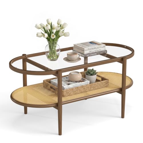 Zelurelle Boho Oval Coffee Table with Storage Shelf, 2-Tier Tempered Glass