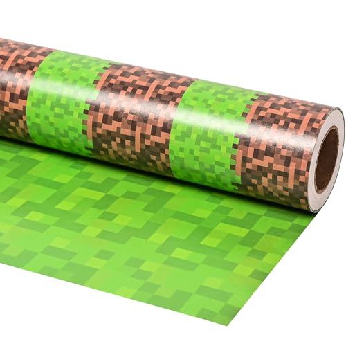 CHUCHUWA Reversible Pixel Video Gaming Style Wrapping Paper for Boys Kids - Mini Roll - Miner Theme Gift Wrap for Birthday Party Game Lover DIY Craft - 17 In X 20 Ft (Total 28.5 sq.ft)