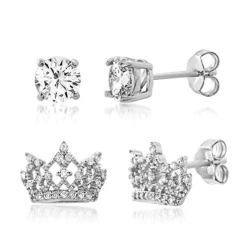 Devin Rose Rhodium Plated Sterling Silver Cubic Zirconia Princess Royal Tiara Crown Stud 2 Pair Earrings Set for Women ( White )