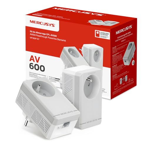 Mercusys MP300P KIT CPL 600Mbps avec 1 Port et Prise Intégrée Type F, Boitier CPL Kit de 2 - idéal pour Profiter du Service Multi-TV à la Maison, Compatible Toutes Les Box
