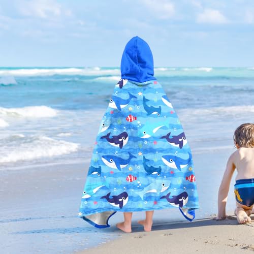 Image of Shark Boys Beach Towel with Hoodie for Kids Toddlers Age 4-8,Shark Blue Bath Towels Shower Wrap for Boys, Hooded Poncho Beach Blanket for Pool Swimming Cute Wearable Bath Towel for Child