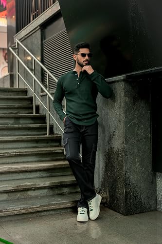 Image of GRITSTONES Men Self Waffle Knit Henley T-Shirt (GSHN-2H-01-BLK S)