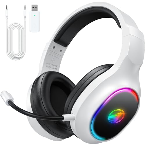 Awinnasey Cascos Gaming Inalambricos para PS4, PS5, PC, Mac, Switch, Auriculares Gaming Inalambricos con Cancelación de Ruido y Luz RGB, 2,4 GHz, Sonido Estéreo 7.1, Blanco