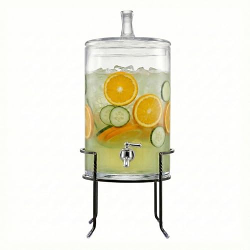 Style Setter Beverage Dispenser with Stand - 2.5 Gallon Large Countertop Glass Drink Dispenser w/Spigot & Lid - Party Drink Dispenser for Sweet Tea Lemonade Punch Water, Juice Dispensers for Parties