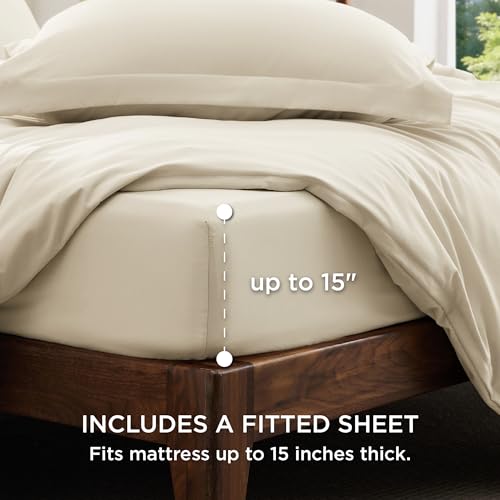Image of Bedsure Duvet Cover King Size with Fitted Sheet - 4 Pieces Prewashed Cotton-Like Soft Bedding Set, Includes 1 Duvet Cover 104x90 Inches with Zipper Closure, 2 Pillow Shams, 1 Fitted Sheet, Oat Milk