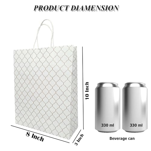 Image of Aakriti Craft Paper Bags - Elegant White Gift Bags with Geometric Design & Rope Handles | Small Boutique Shopping Bags for Retail, Gifts & Merchandise (10 PCS, 10x8x3 Inch)