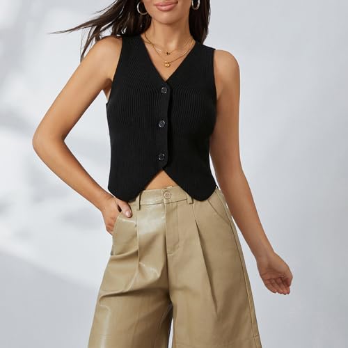 Women Y2k Knit Vest Top Sleeveless V Neck Hollow Out Open Front Button Down Crochet Knit Tank Vest Streetwear2