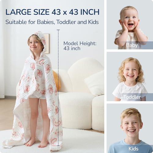 Image of Toddler Hooded Bath Towels,100% Cotton Muslin Baby Towels for Boys Girls,Ultra Soft & Absorbent Quick Dry Kids Towel for Beach,Pool,Bathroom,Large 43x43 Inch