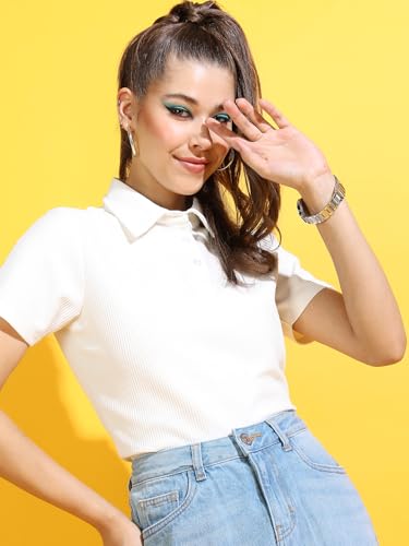 Image of Tokyo Talkies Women's Short Sleeves Shirt Collar Solid Tops| Stylish Casual wear