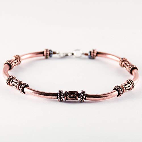 Unisex Filigree Copper Bracelet with Sterling Silver Clasp and Hematite Stones, Copper Jewelry