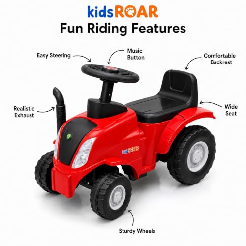 Image of kidsROAR Push Ride On Car for Kids 1-5 Years | Baby Push Car with Music, 3D Lights & Backrest | Premium Ride On Toy Supports Up to 35kg (Tractor, RED)