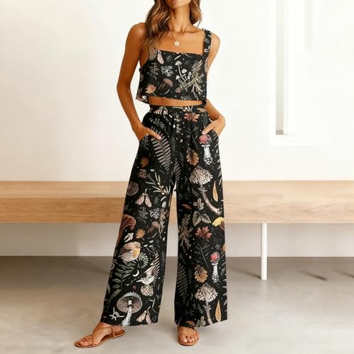 CORAMOON 2 Piece Sets for Women Casual Summer Outfits Womens Crop Top with Wide Leg Pants Lounge Set Matching Travel Vacation Clothes, M - image 2
