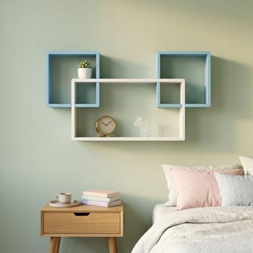 Image of Modern Geometric Floating Wall Shelf - Wall Mounted Decorative Display Shelves for Living Room, Bedroom & Office | Wooden Wall Shelf for Home Decor, Books, Plants & Showpieces WHITE & SKY BLUE
