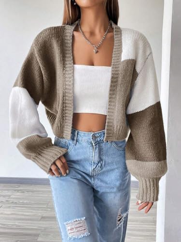 Image of SISKIN Fall Cropped Cardigan Sweaters for Women Lightweight,Color Block Oversized Cardigan Sweater