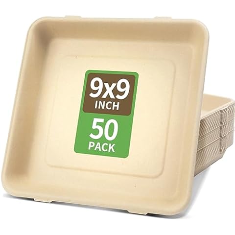 bloomoon 50 Pack 9 x 9 inch Deep Large Paper Plates, Compostable Bamboo Pulp Tray with High Rim for Crawfish, Crab, Large Salad, BBQ Meat Cover