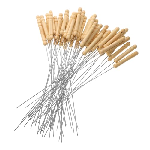 Toyvian 50pcs Stainless Steel Kebab Skewers with Wooden Handles Extra Long Bbq Grill Sticks for Beef Lamb and Vegetables Essential Barbecue Cooking Tool for Camping and Outdoor Grilling