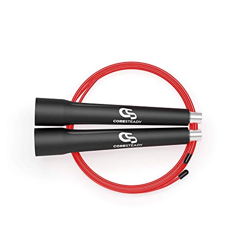 Coresteady - Cuerda de saltar ajustable Pro  ideal para ejercicios de quema de grasa, entrenamiento de HIIT, crossfit, MMA, boxeo, acondicionamiento y pérdida de peso, negro /rojo