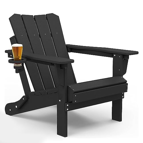 GARDENSTAR Adirondack Chair Oversized Folding Adirondack Chairs Recyclable HDPE Modern Adirondack Chair with Cup Holder Poly Lumber Patio Chairs for Pool Patio Garden Outdoors Fire Pit Black