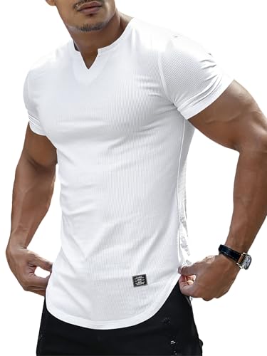 PLEPAN Mens Muscle T Shirts V Neck Short Sleeve Henley Shirt Hipster Longline Gym Workout Athletic Tee Shirts