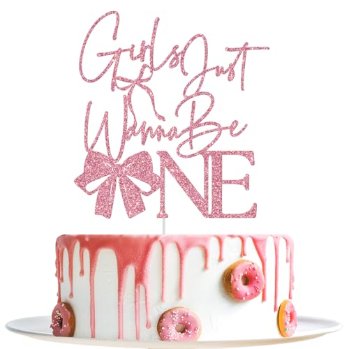 Image of Girls Just Wanna Be One Cake Topper, Pink Bow First Birthday Cake Topper, Sweet One, Bow Girl's 1st Birthday Party Decorations Glitter