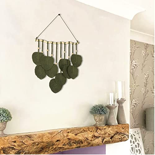 Losour Boho Wall Decor-Handmade Green Leaves Macrame Wall Hanging, Farmhouse Macrame Feather Wall Decor, Wall Art, Boho Nursery Decor For Room Decor (10 Leaf, Solid Green Color) #TOP2