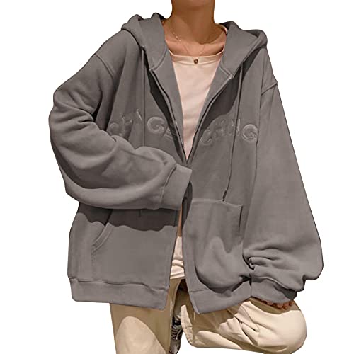Veste College Femme Oversize : Adolescents Filles Y2k Hoodie Zip Up Hoodies Sport Veste à Capuche Manches Longues Baseball Aesthetic Vestes Vêtements Streetwear Printemps Été, gris foncé, XXL Cover