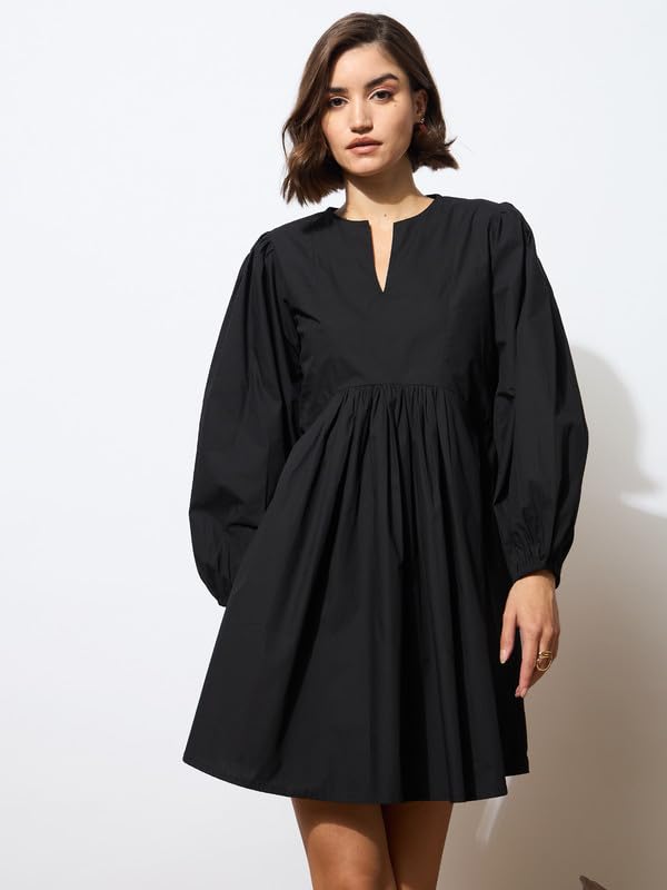 Image of barcino Black Poplin Puff Sleeves Gathered Loose Dress