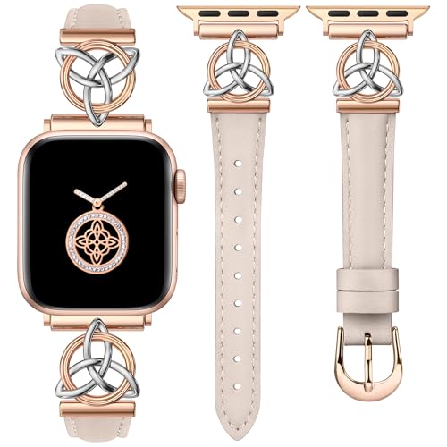 Minyee Compatible with Apple Watch Bands Leather 38/40/41/42mm Women, Slim Dressy Strap with Celtic Knot Triquetra Metal Buckle for iWatch Series 11 10 9 8 7 6 5 4 SE/Ultra 3 2 1, Rose Gold Sliver