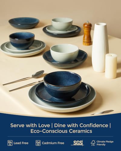 Image of Pokini Stoneware Dinnerware Sets for 4, 16pcs Plates and Bowls Sets Dishes | Reactive Glaze Ceramic Dish Set, Microwave & Dishwasher Safe, Highly Chip and Crack Resistant Dishware sets, Starry Blue