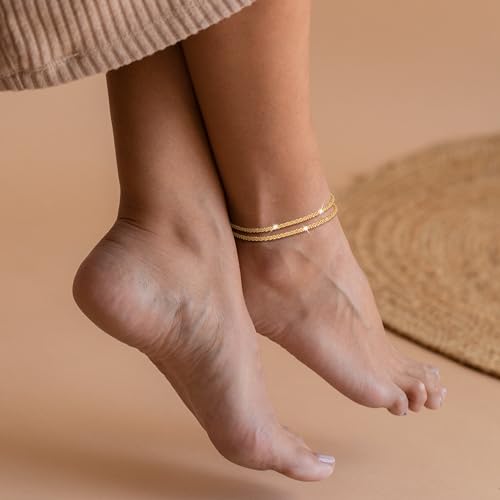 Ankle Bracelets for Women, Glitter Waterproof Adjustable Anklet for Women, 14K Gold Plated/Sterling Silver Layered Anklets, Summer Beach Anklet Jewelry for Women Gift3