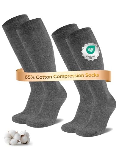 Niofind Medias de Compresion Mujer y Hombre – 2 Pares de Calcetines de Compresión y Calcetines Hasta la Rodilla Hechos de 65% Algodón – Ideales para Deporte, Trabajo, Vuelos y Embarazo