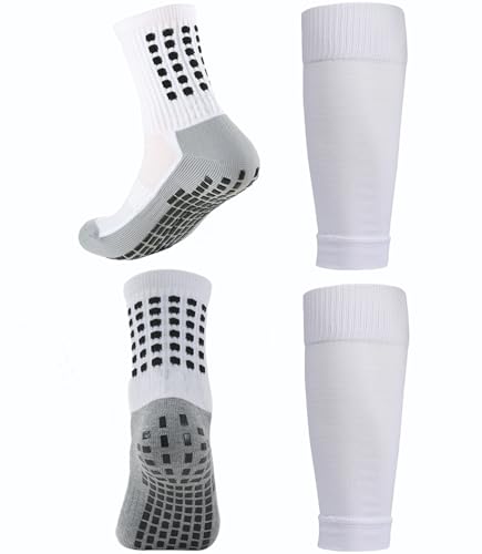 KMOLY 1 Set Kids Grip Soccer Socks and Shin Guard Sleeves for Age 7-14 Youth Boys Children Football Basketball Training