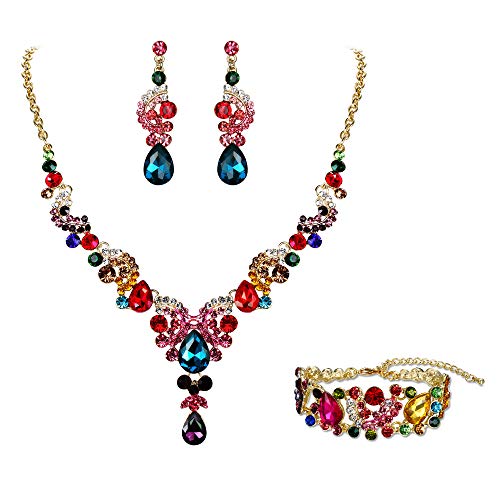 EVER FAITH Rhinestone Crystal Bridal Party Jewelry Set Art Deco Vintage Floral Teardrop Necklace Earrings Bracelet Multicolor Gold-Tone