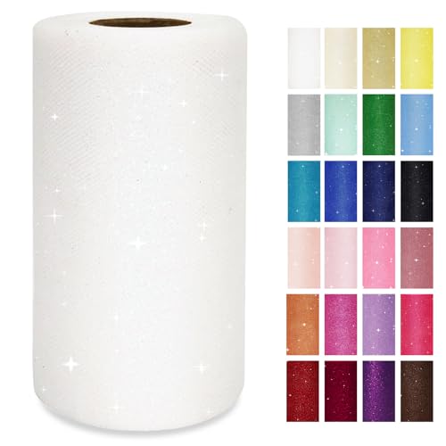 White Glitter Tulle Rolls 6 Inch by 50 Yards Sparkle Fabric Ribbon for Christmas Gift Wrapping DIY Tutu Skirt Sewing Bow Wedding Decorations Craft Supplies