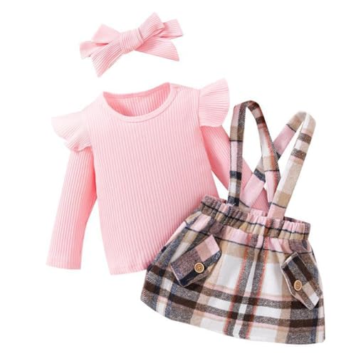 LUVCES Bambina Gonne Set Autunno Maniche Lunghe con Volant Coste Top + Bretelle a Quadri/Fiocco Abito + Fascia per Capelli 3Pcs Completo Bambine Abiti 3Pcs Rosa 2-3 Anni