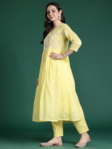 Image of INDO ERA Women's Pure Cotton Embroidered Thread Work Kurta & Pant with Dupatta Set (IEAI13046)