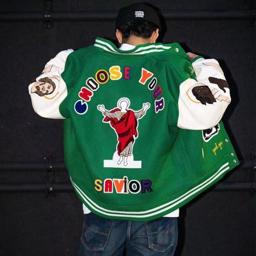 Image of Men's Graphic Print Varsity Jacket Super star Vintage Padded Thickening Jesus Fleece ParquetBaseball Jacket Coat