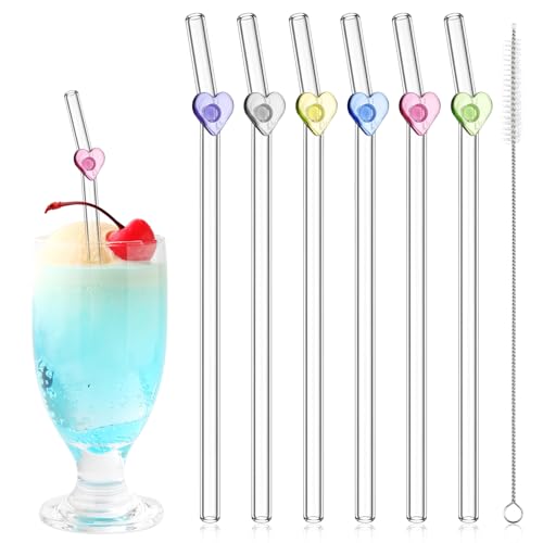 Teenyyou 6 Pcs Reusable Glass Straws with Heart Charms 8 x 0.3'' Colorful Heart Thick Clear Glass Straws Bent with Cleaning Brushes for Drinking Cocktail Hot and Cold Drinks Party