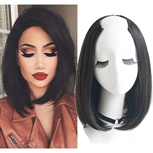 LesafeV Bobo Style Half Wig Clip in Straight U-Shape Part 3/4 Hairpiece One Piece Extension with 5 Clips Black