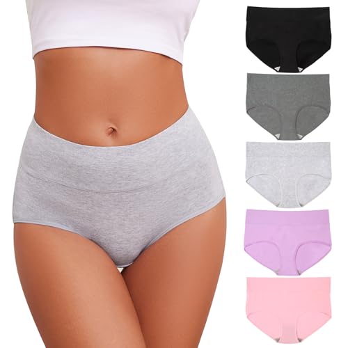 KAZNA Women‘s Cotton Underwear High Waisted Panties Soft Briefs Plus Size Full Coverage Stretch Breathable Hipster 5 Pack