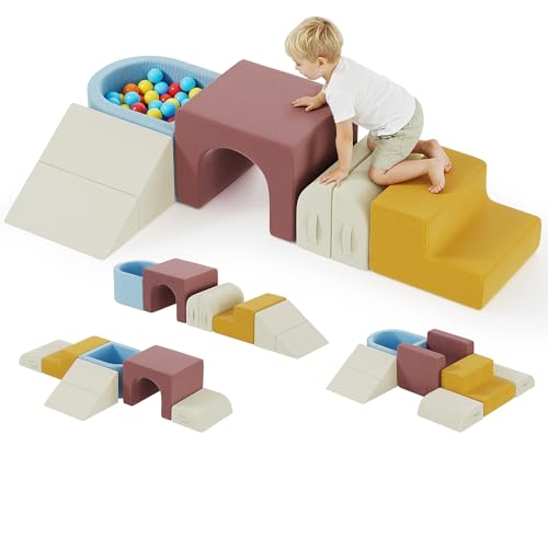 Set di 7 Costruzioni Morbide per Bambini, Giocattoli per Arrampicata, Blocchi da Arrampicata in Schiuma con Piscina di Palline, Facile da Pulire, Chiusura con Cerniera Nascosta, Velluto a coste