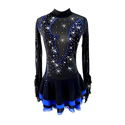 LWKBE Vestido de patinaje artístico, vestido de patinaje, vestido de competición, vestido ajustado negro de manga larga para mujer, cristal, cuello redondo Cover