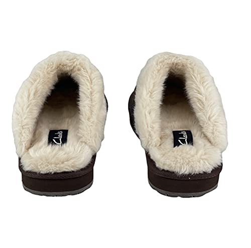 Image of Clarks Womens Open Back Suede Leather Comfort Clog Slipper JMS0583C - Plush Faux Fur Trim - Indoor Outdoor House Slippers For Women
