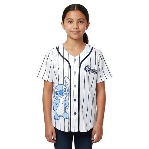 Image of Disney Lilo & Stitch Girls Baseball Jersey Shirt Button Down Kids Tee Stitch Angel Sizes 4-16