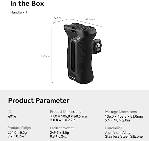 SMALLRIG Uchwyt boczny dla ARRI, regulacja góra/dół 36mm, ergonomiczny uchwyt z lewej lub prawej strony do klatek na aparat, wbudowany gwintowany otwór 1/4"-20, otwór na pasek, zimna stopka - 4016