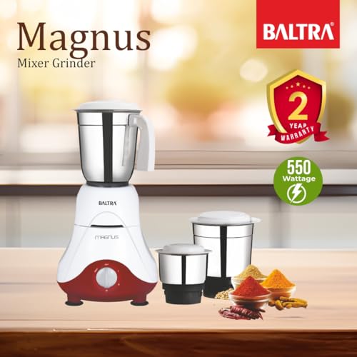 Image of Baltra Magnus BMG-162 Mixer Grinder 550W | Superior Mixie For Kitchen | 2-In-1 For Dry Grinding | Blade Function With Powerful Motor | 3 Stainless Steel Mixer Jars | 2 Years Product Warranty